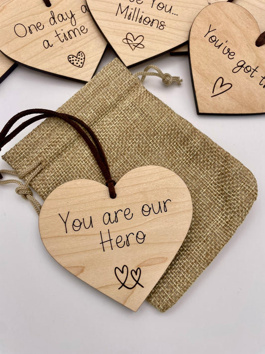 'You are our hero' Wooden Hanging Heart